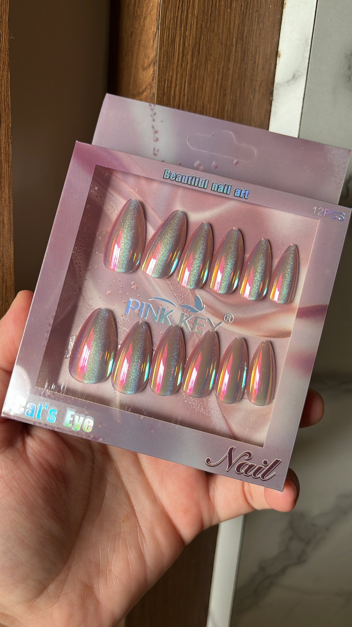 Pink grey holographic cat eye nails