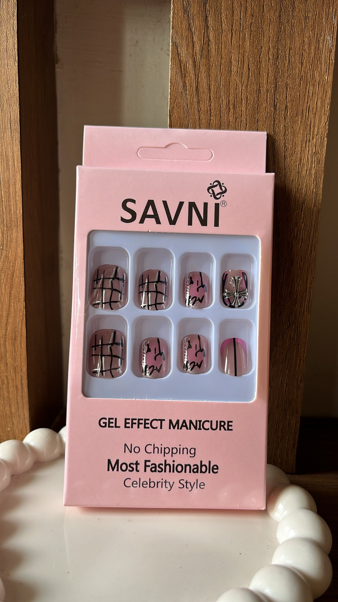 Pink Grey stone nails