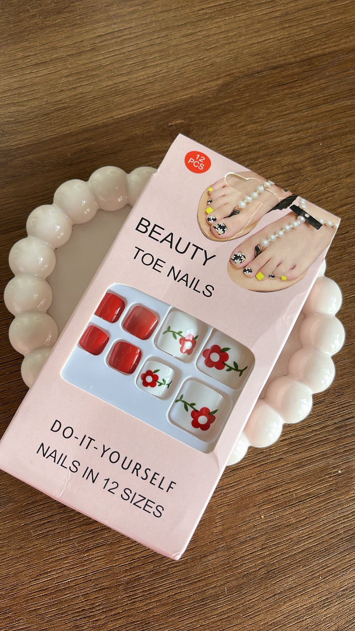 White Red Floral Toe Nails