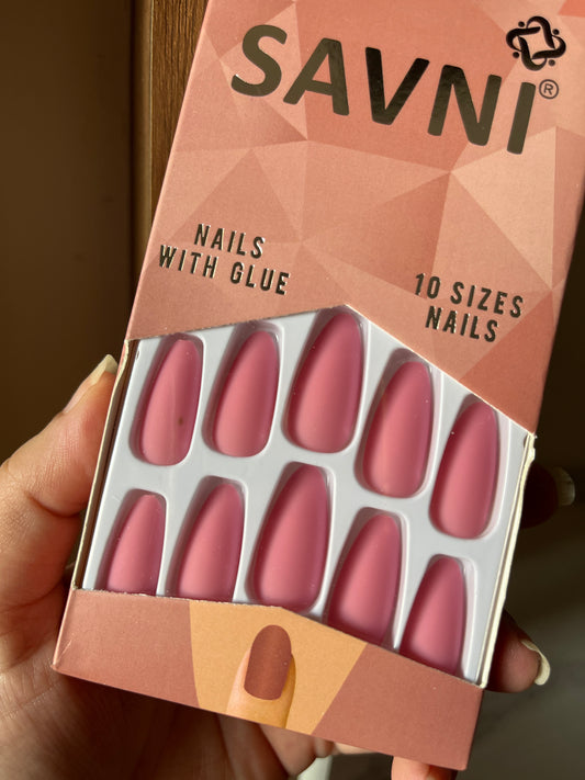 Bright Pink matte nails with tabs