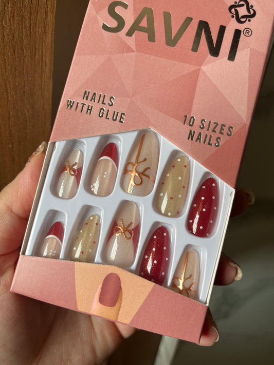 Red bow cat eye nails