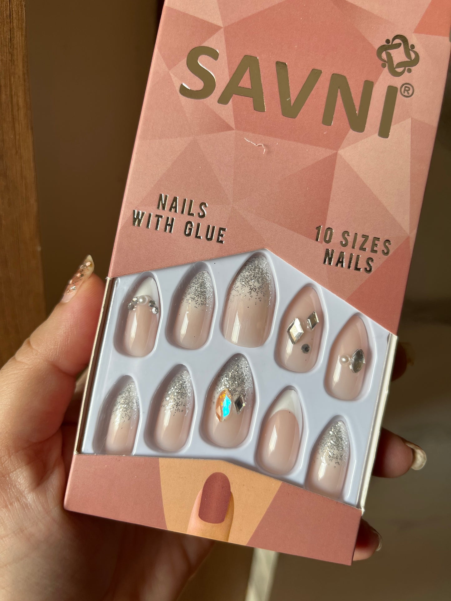 Silver french tip stone nails