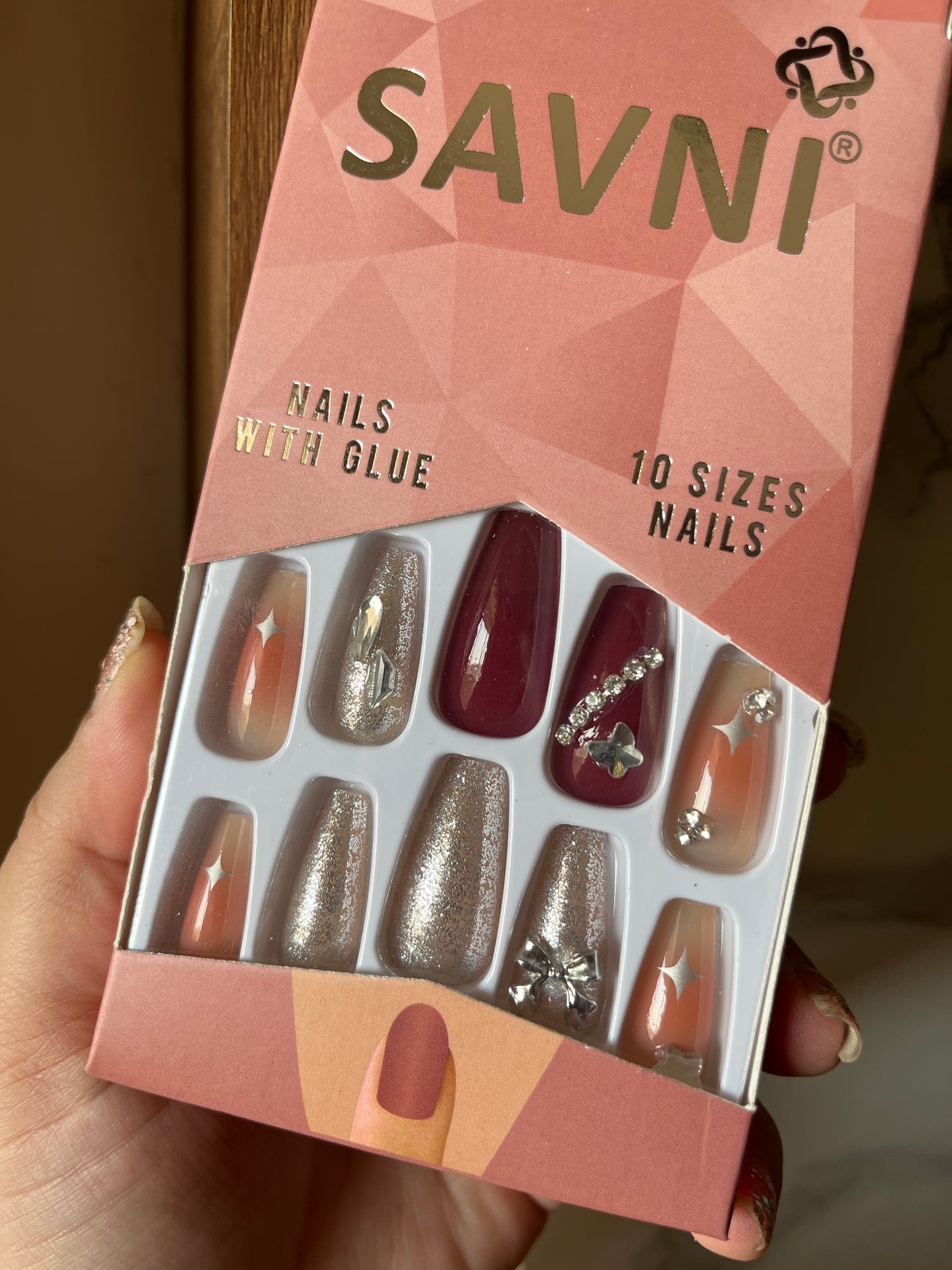 Silver maroon stone nails