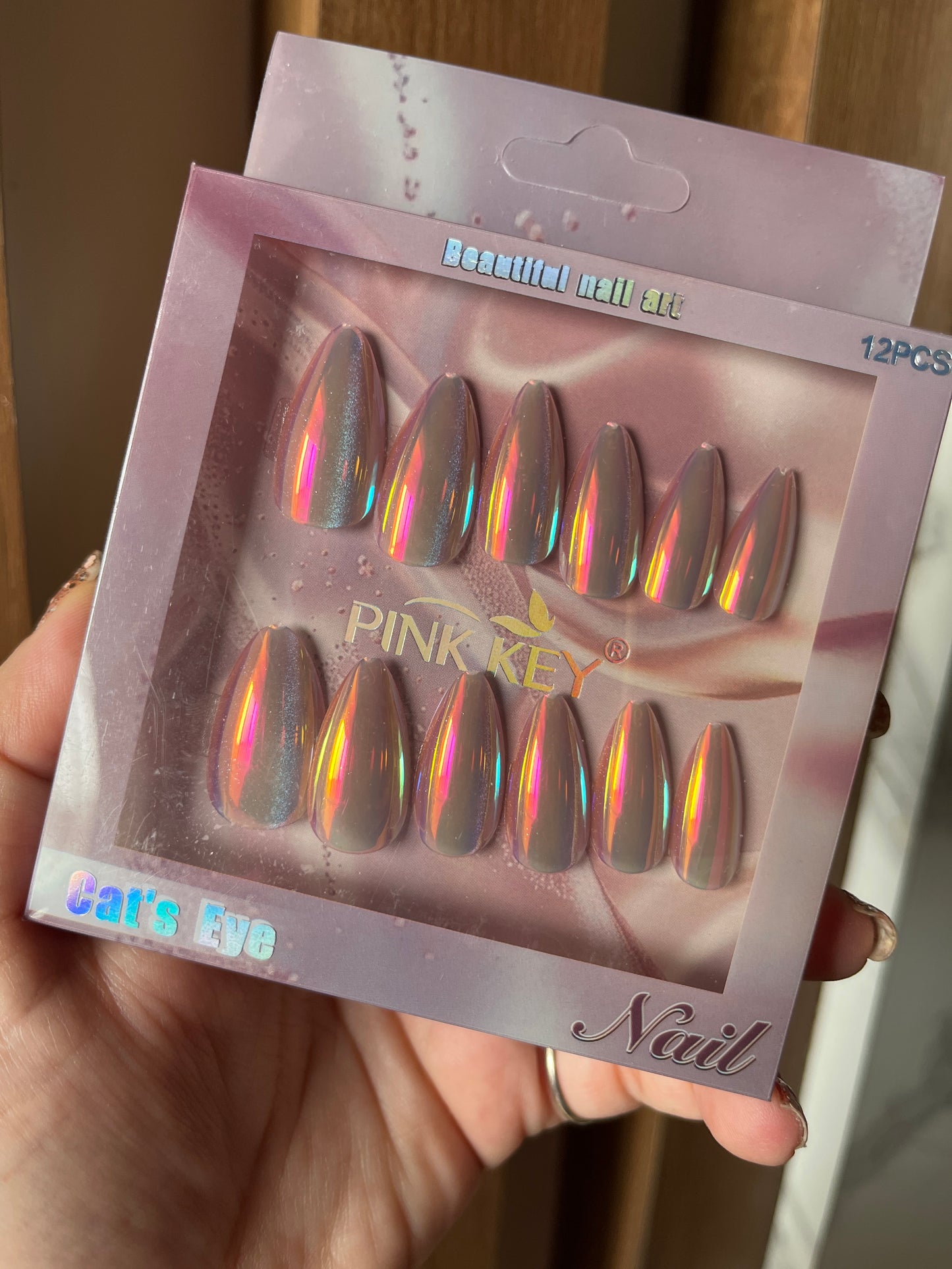 Grey pink cat eye nails