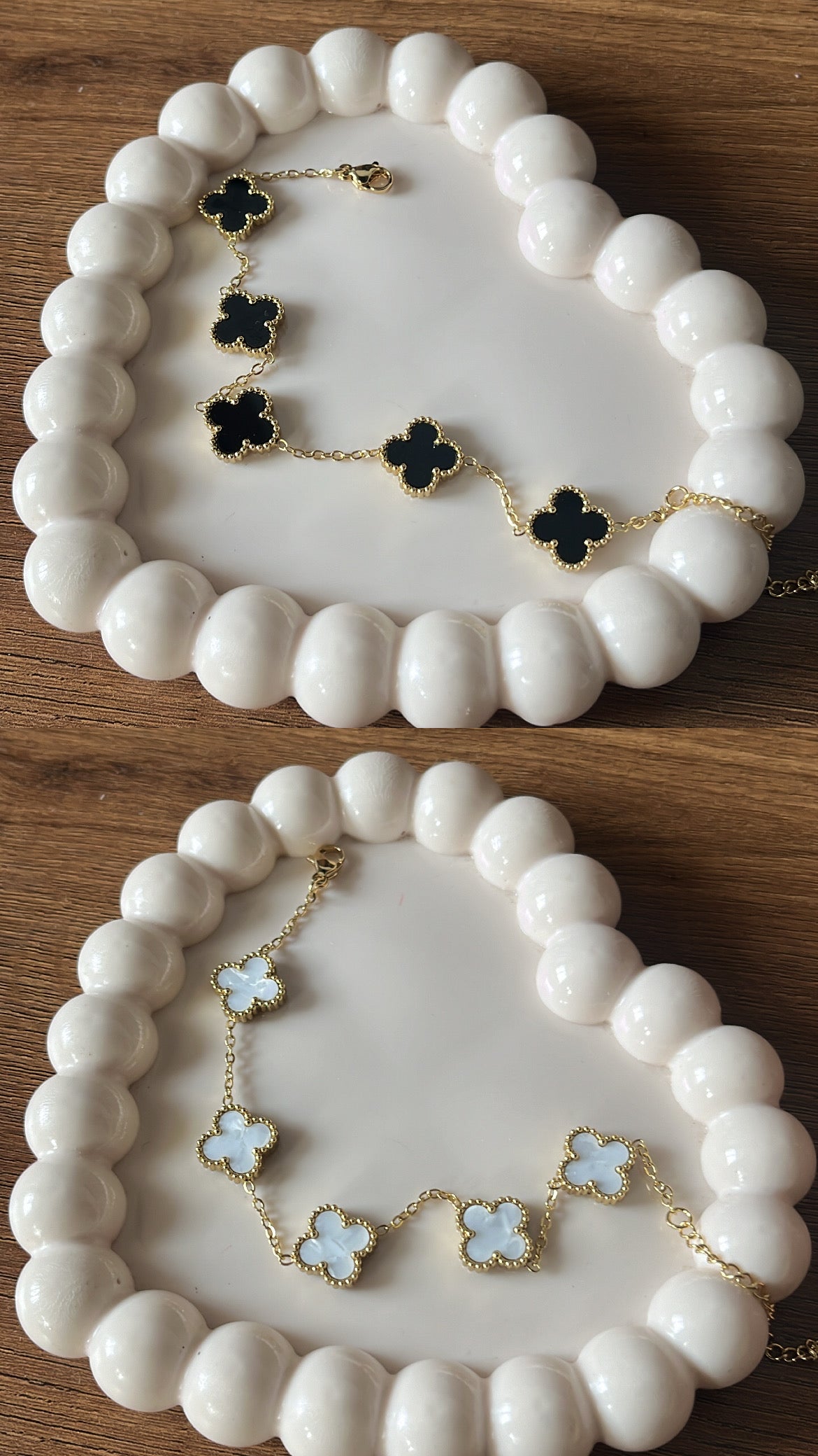 Reversible black/white clover bracelet