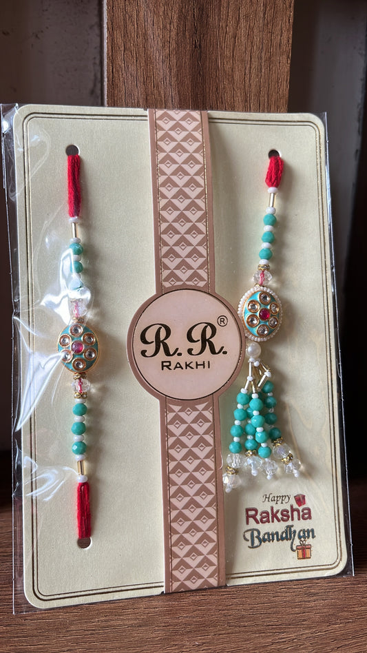 Turquoise Bhai Bhabhi Rakhi Lumba set