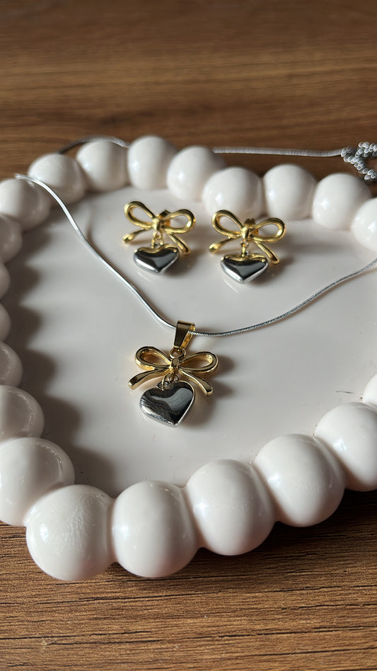 Silver and Gold Bow necklace and earrings set