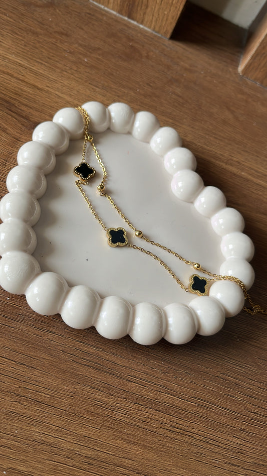 Double Layer Clover Charm - Black Chain Bracelet